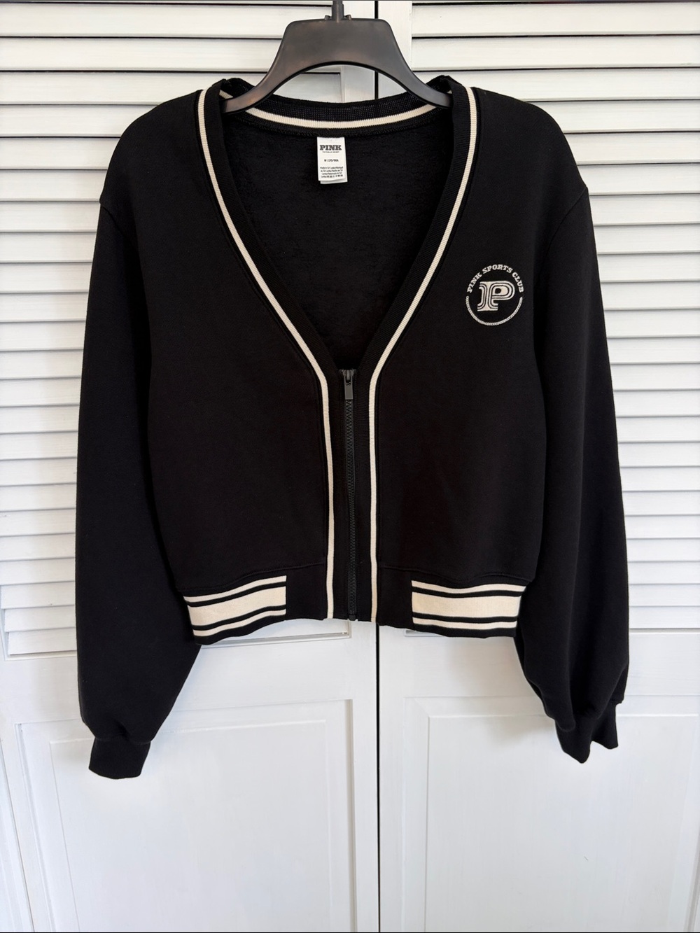 Victorica Secret PINK Women’s Ivy Fleece Crop Zip Sweatshirt Black White Preppy